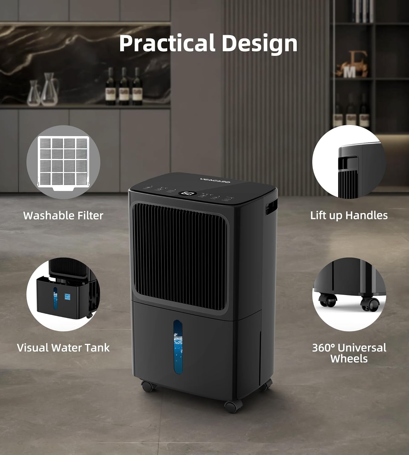 2500 Sq.Ft Dehumidifiers for Home with Drain Hose Max 34 Pints, VEAGASO Dehumidifier for Basement, Large Room, Bathroom, Bedroom, Three Modes, Intelligent Humidity Control, Dry Clothes, 24HR Timer