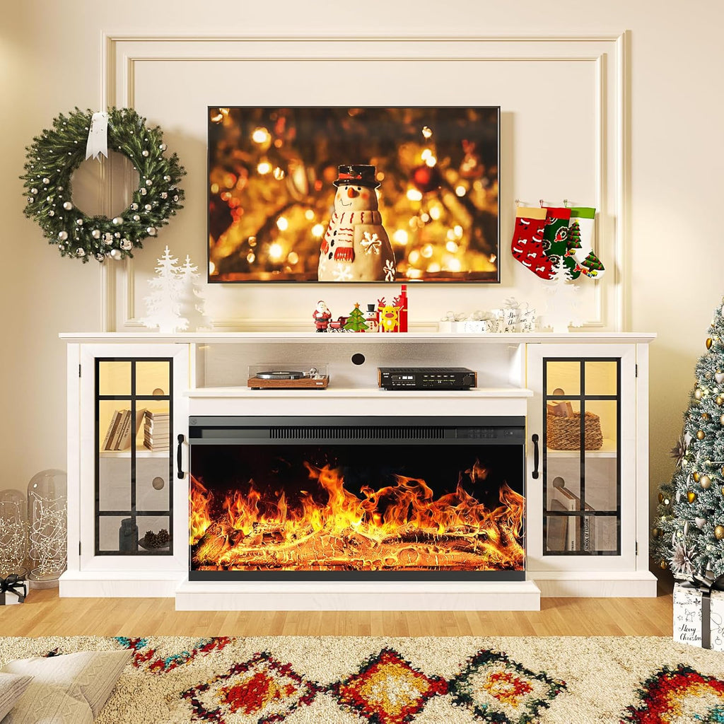 oneinmil 59'' Fireplace TV Stand, 3 Sided Glass Media Entertainment Center Console Table for TVs up to 65'' with Glass Door Adjustable Flame LED Color for Living Room, Set of TV Table, White
