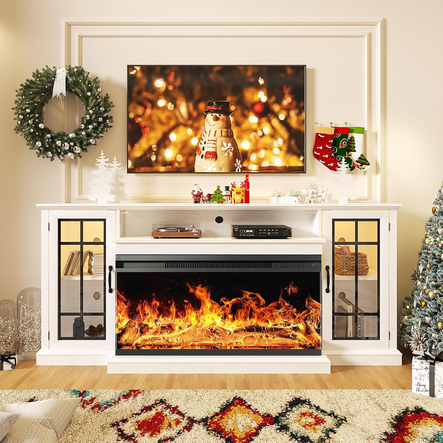 oneinmil 59'' Fireplace TV Stand, 3 Sided Glass Media Entertainment Center Console Table for TVs up to 65'' with Glass Door Adjustable Flame LED Color for Living Room, Set of TV Table, White