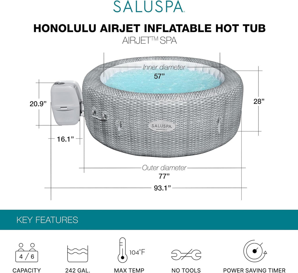 Bestway 4-6 Person SaluSpa Honolulu AirJet Inflatable Hot Tub Spa, 77" x 28" Round Portable Spa with 140 Soothing Jets and Insulated Cover