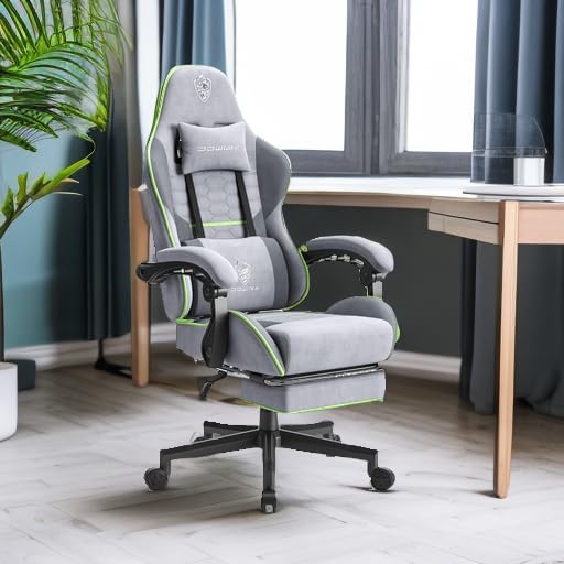 Dowinx Gaming Chair Fabric with Pocket Spring Cushion, Massage Game Chair Cloth with Headrest, Ergonomic Computer Chair with Footrest 290LBS, Blue and Grey