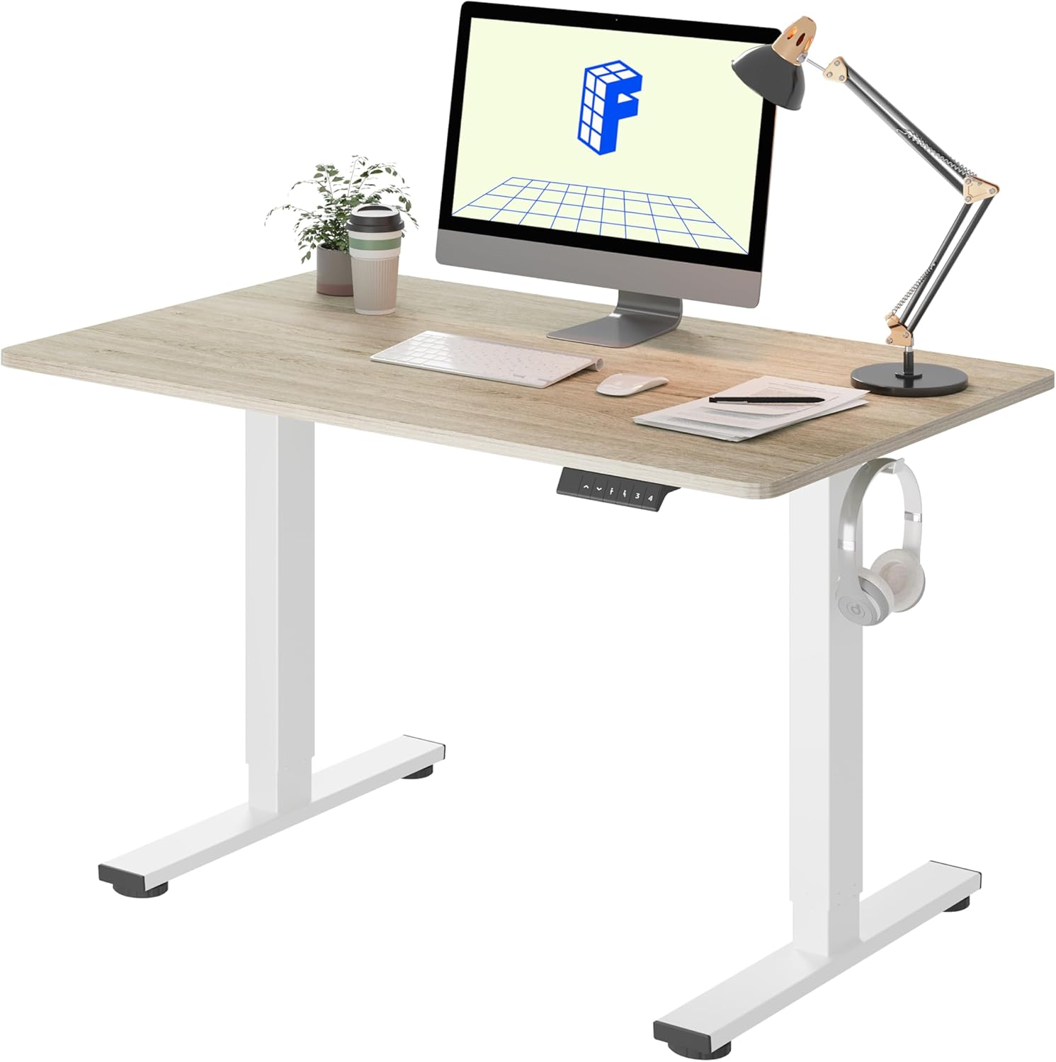 FLEXISPOT EN1 One-Piece Standing Desk 55 x 28 Inch Electric Adjustable Height Desk for Home Office and Computer Workstation (White Frame + 55" Maple Top, 2 Packages)