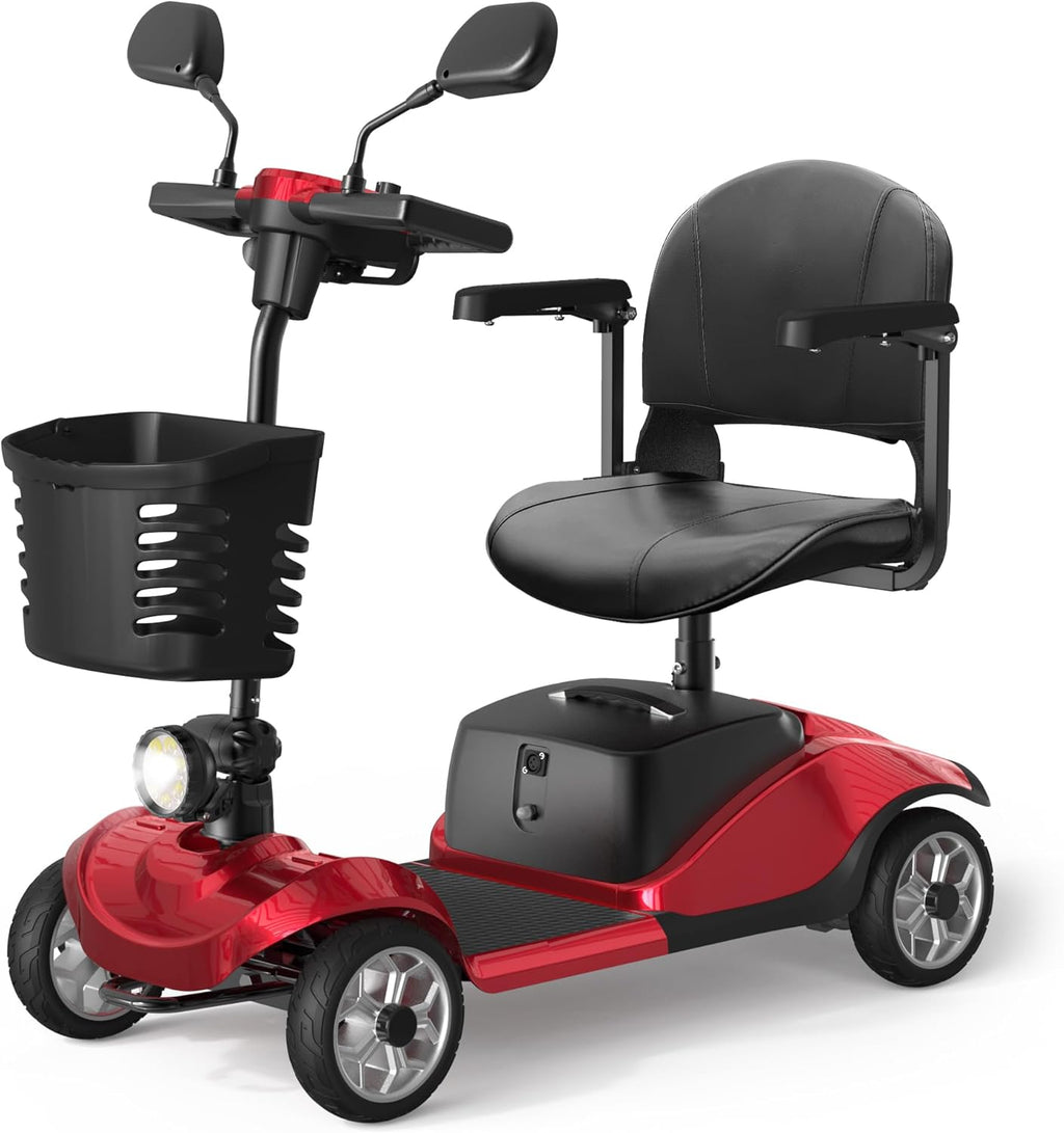 4-Wheel Mobility Scooter for Seniors, Foldable Electric Scooter, Lightweight Powered Electric Wheelchair, Compact Heavy Duty Scooter with Electromagnetic Brake, Rotating Seat, 350LBS Capacity-Red