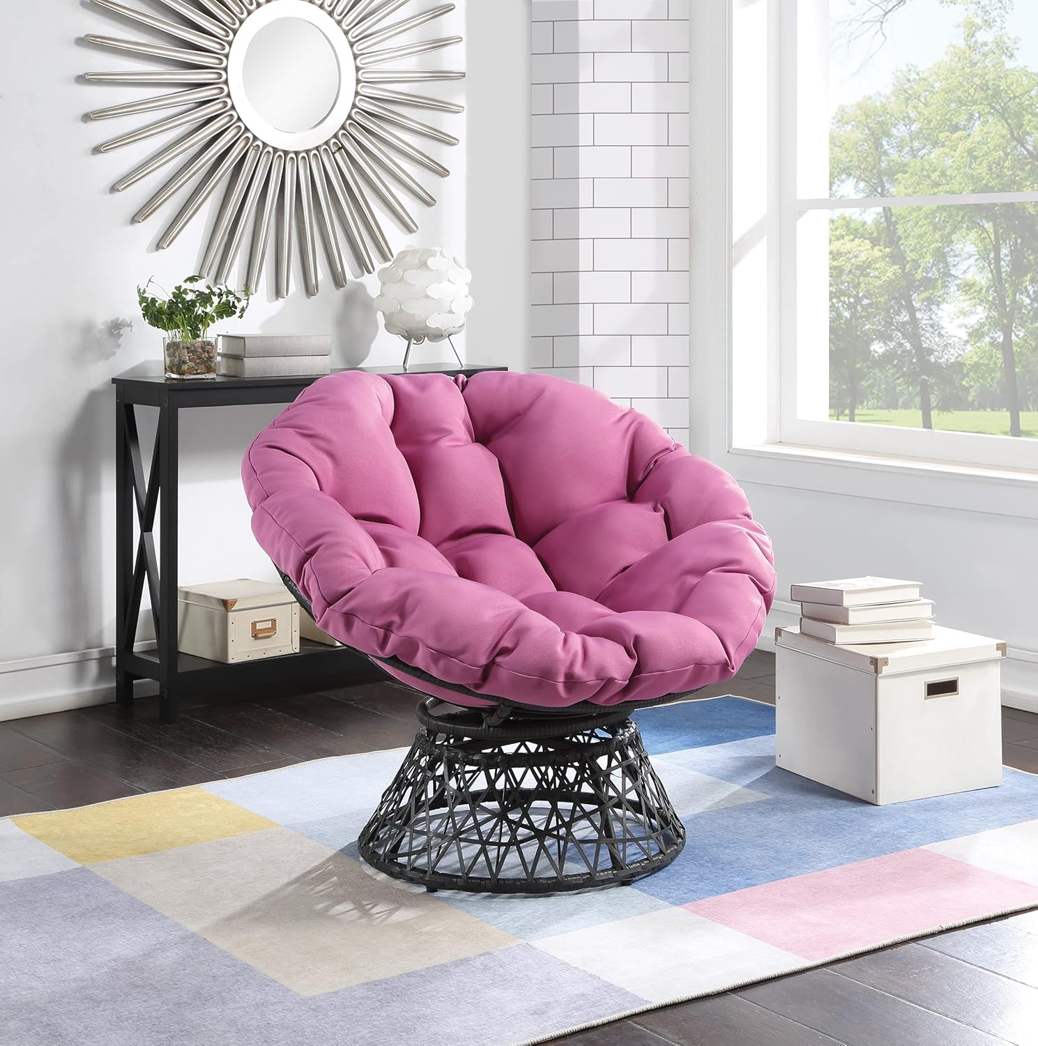 OSP Home Furnishings Wicker Papasan Chair with 360-Degree Swivel, Brown Frame with Brown Cushion