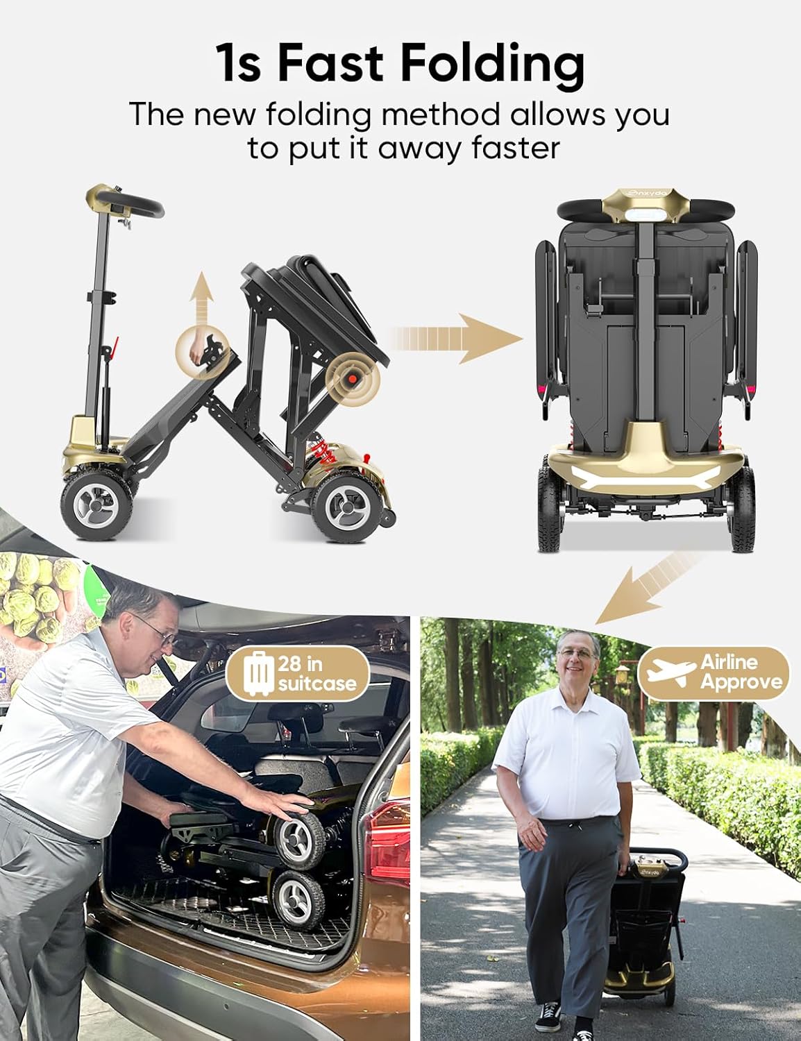 Mobility Scooter for Adults, Seniors - 37.5 lbs Ultra Lightweight Folding Mobility Scooters for Seniors Airport Approved, All Terrain 4 Wheel Motorized Scooter for Travel, 275 lbs Capacity, Blue