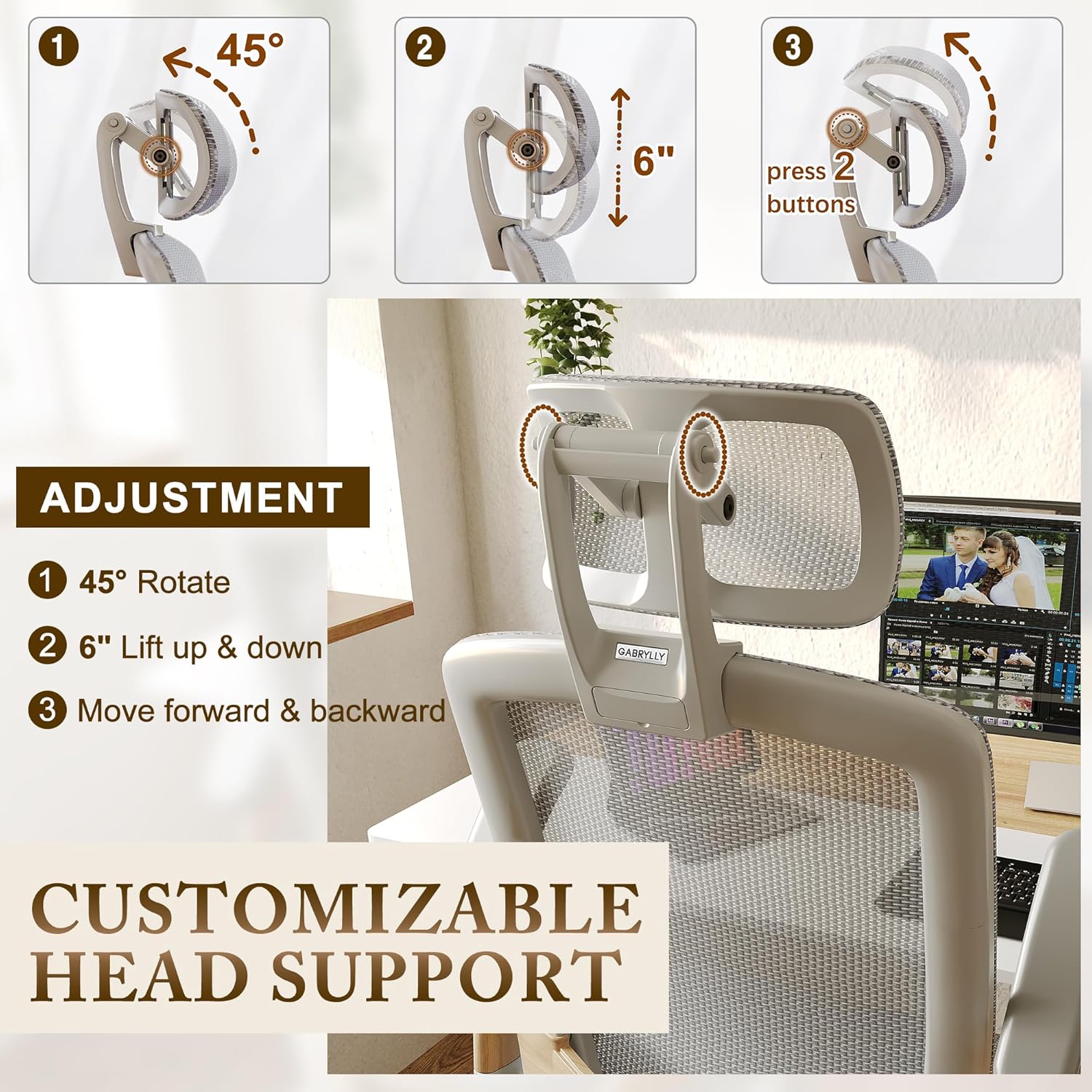 GABRYLLY Ergonomic Office Chair, High Back Home Desk Chair with Headrest, Flip-Up Arms, 90-120° Tilt Lock and Wide Cushion, Big and Tall Mesh Chairs for Man Woman, Grey Task Chair
