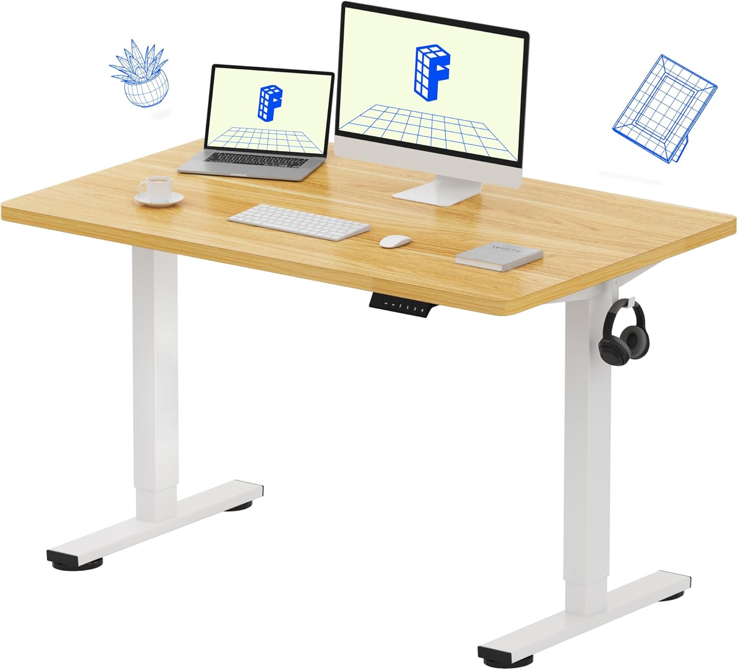 FLEXISPOT EN1 One-Piece Standing Desk 55 x 28 Inch Electric Adjustable Height Desk for Home Office and Computer Workstation (White Frame + 55" Maple Top, 2 Packages)