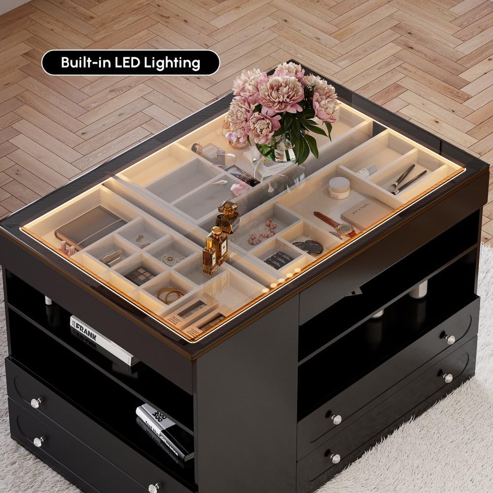 homary 47" Walk-in Closet Vanity Island with LED Light, Jewelry Drawer Organizer, Glass Top, 9 Storage Drawers – Modern Dresser for Bedroom or Dressing Room (Black)