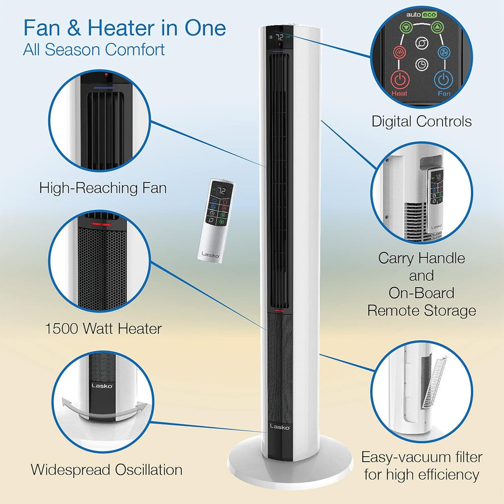 Lasko Oscillating All Season Tower Fan and Space Heater in One for Home with Adjustable Thermostat, Tip-Over Switch, 4 Fan Speeds, 3 Heat Settings and Remote Control, 42 Inches, 1500W, Gray, FH515