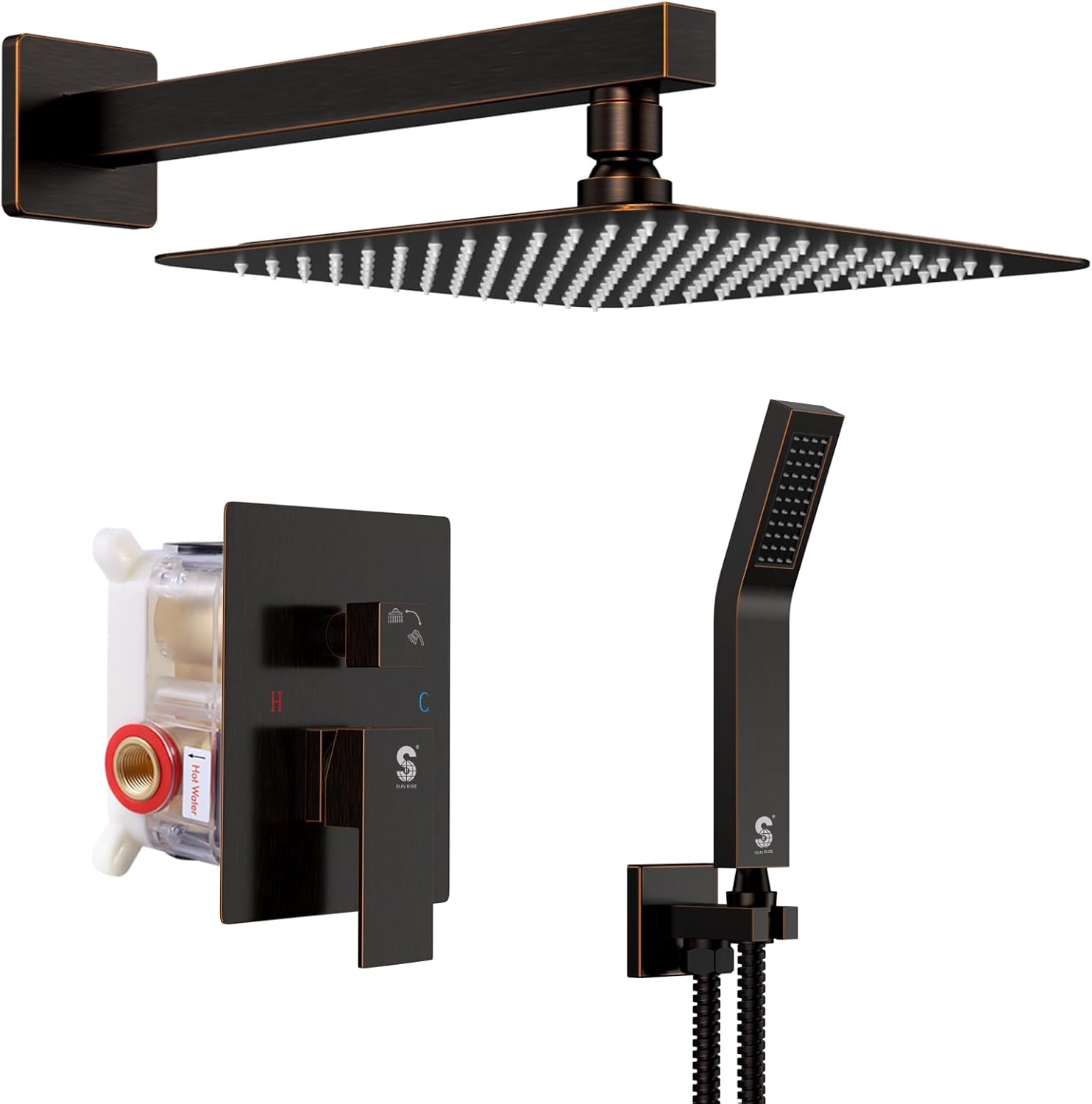 SR SUN RISE 12 Inches Matte Black Shower System 12 Inch Brass Bathroom Luxury Rain Mixer Shower Combo Set Wall Mounted Rainfall Shower Head System Shower Faucet Rough-in Valve Body and Trim Included