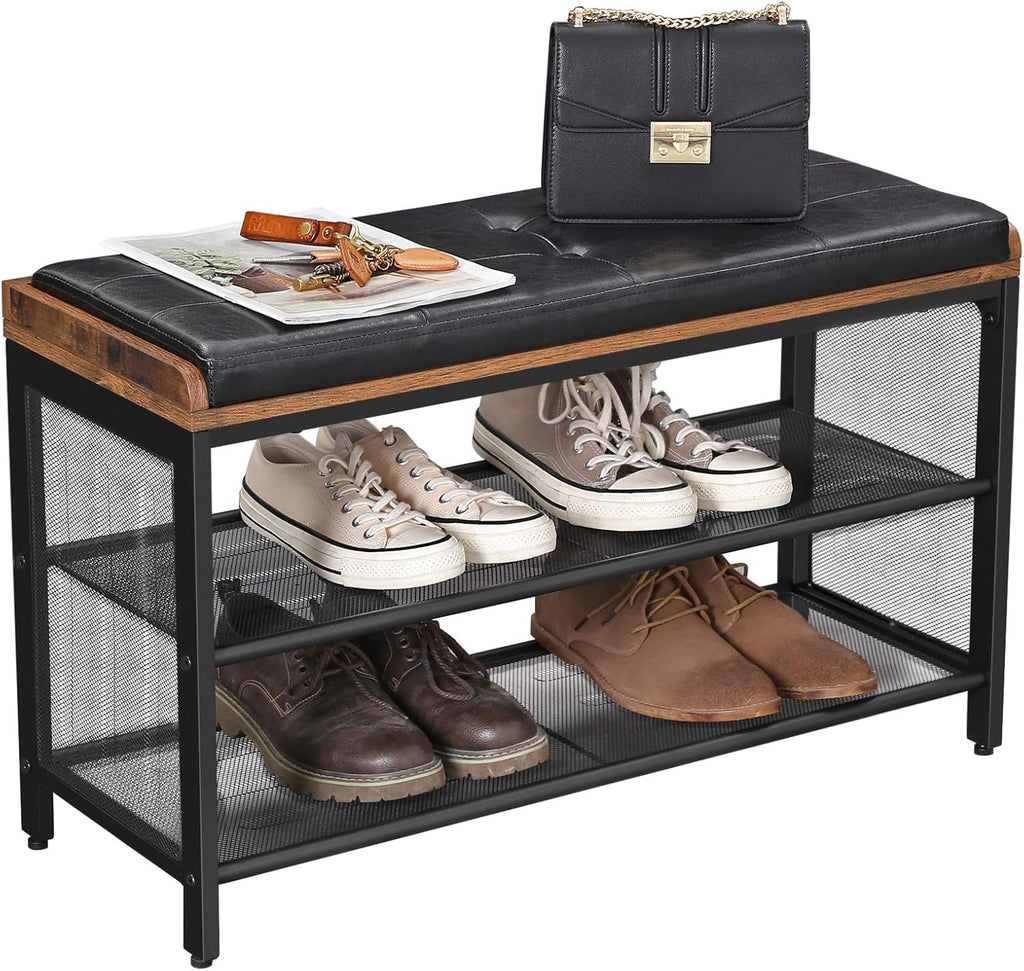 VASAGLE Shoe Bench, Storage Bench with Cupboard and 9 Open Compartments, Shoe Shelf, Padded Seat, Barn Door, 11.8 x 43.3 x 18.9 Inches, Rustic Brown ULHS058X01