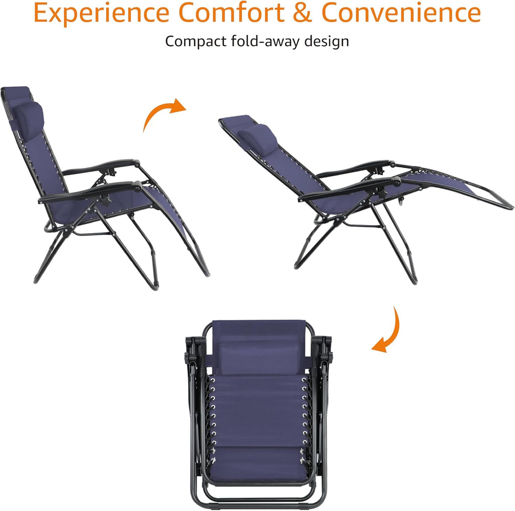 Basics Outdoor Textilene Adjustable Zero Gravity Folding Reclining Lounge Chair with Pillow, 26", Navy Blue
