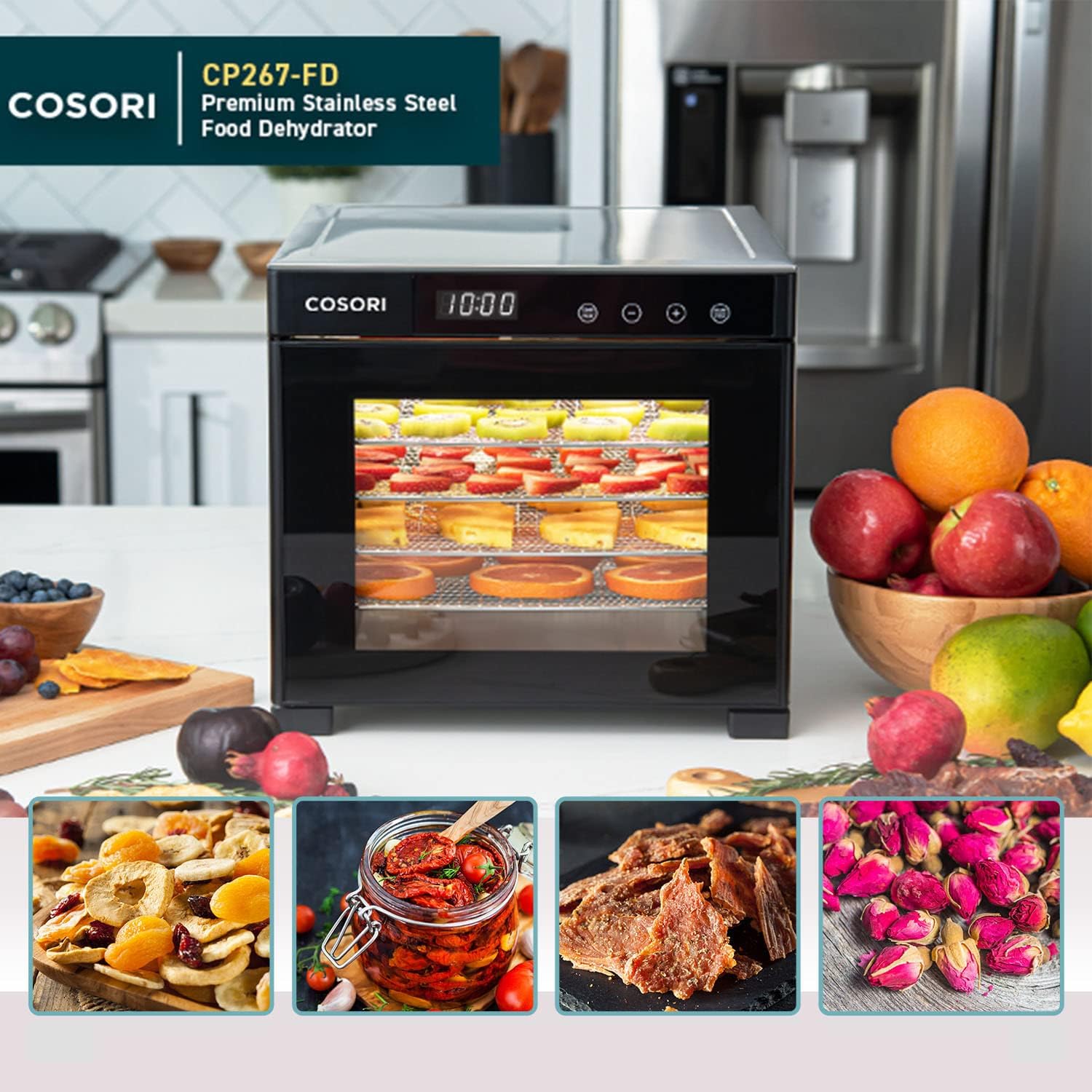 COSORI Food Dehydrator for Jerky, 176°F Temperature Control, 5 Stainless Steel Trays Dryer Machine, 4 Presets, 48H Timer, for Dog Treats, Meat, Fruit, Veggies, Snacks, Recipe Book Included