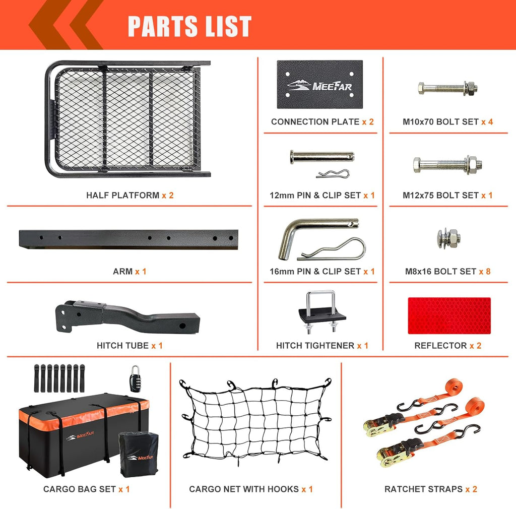 MeeFar High Rail Trailer Folding Hitch Mount Cargo Carrier Basket 60" X 24" X 14"+Waterproof Cargo Bag 20 cu ft(59" 24" 24"), Capacity of 500 Lbs with Hitch Stabilizer, Net, Lock and Straps