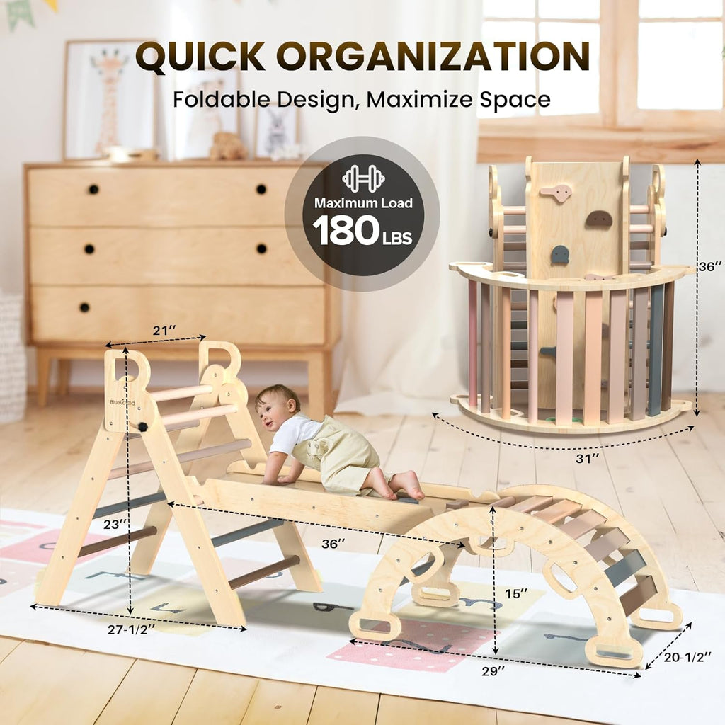 BlueWood Pikler Triangle Set 7in1 Foldable Baby Climbing Wooden Toys with Arch&Ramp&Ladder Climber Indoor Jungle Gyms for Toddlers - Natural Wood
