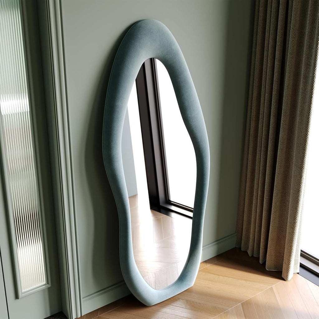 Honyee Full Length Mirror, 63" x 24" Wall Mirror, Flannel Wrapped Wooden Frame Full Body Mirror, Irregular Wavy Mirror Hanging or Leaning Against Wall for Cloakroom/Bedroom/Living Room, Ivory White