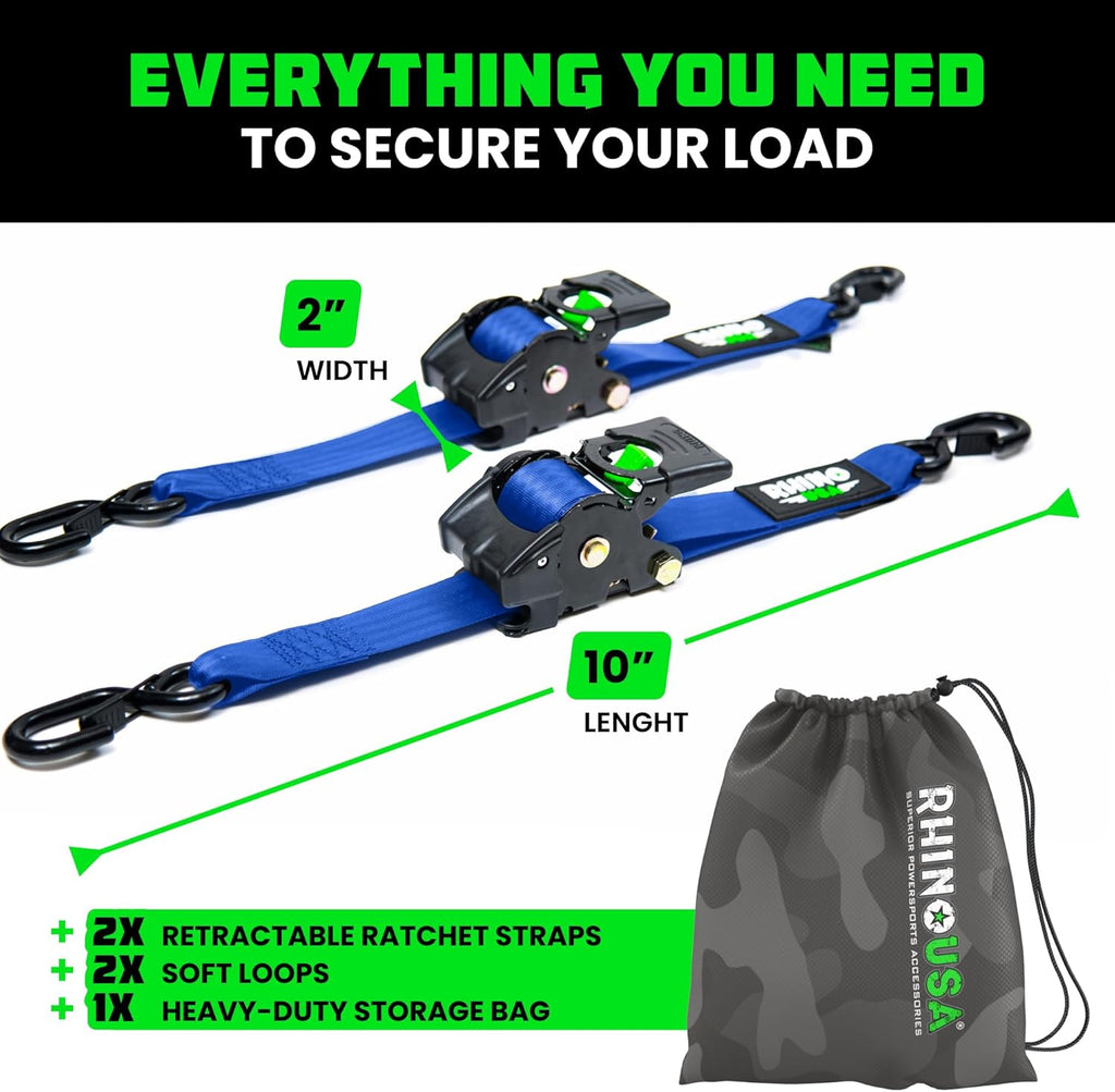 Rhino USA Retractable Ratchet Straps (2-Pack) - 2 Inch x 10 Feet (3,033lb Break Strength) - Heavy Duty Auto Self Retracting Tie Down Straps for Truck, Cargo Trailer, Motorcycle, Rad & More - Orange