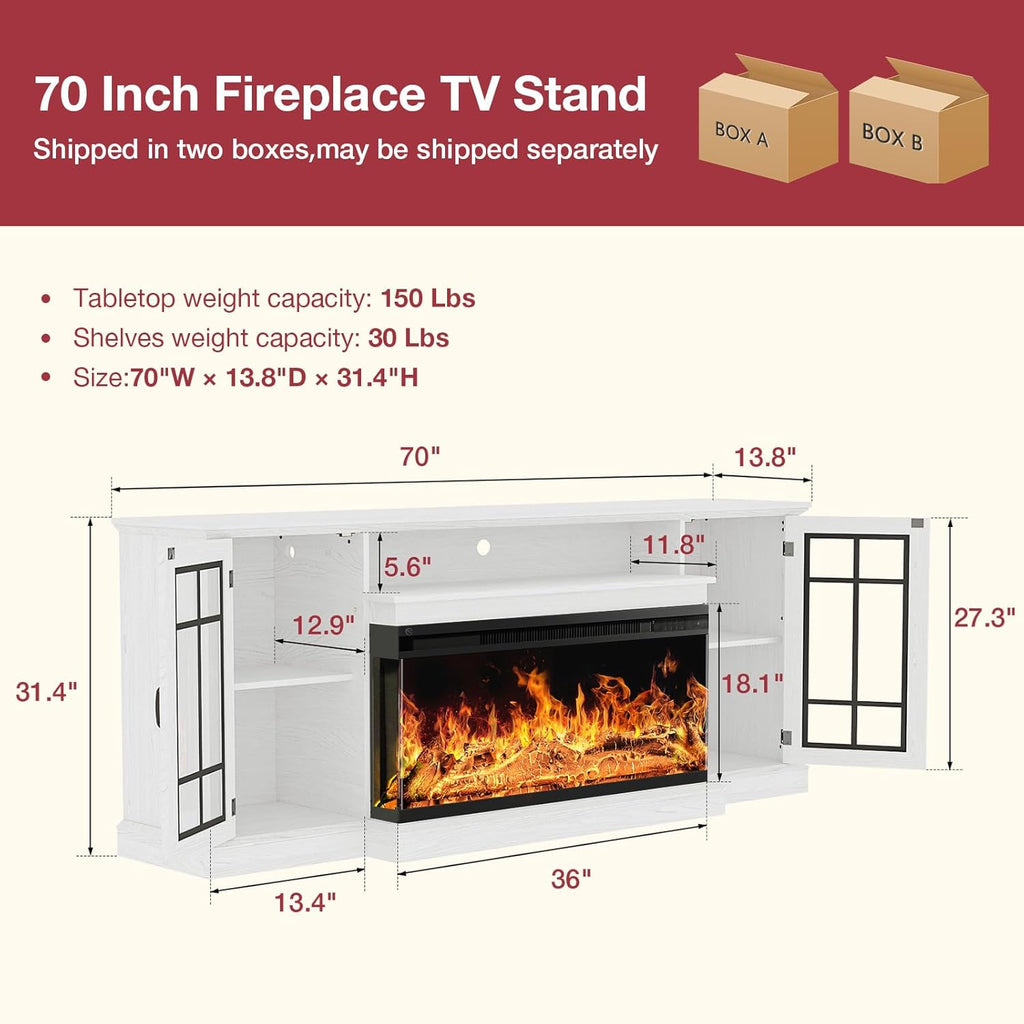 oneinmil 59'' Fireplace TV Stand, 3 Sided Glass Media Entertainment Center Console Table for TVs up to 65'' with Glass Door Adjustable Flame LED Color for Living Room, Set of TV Table, White