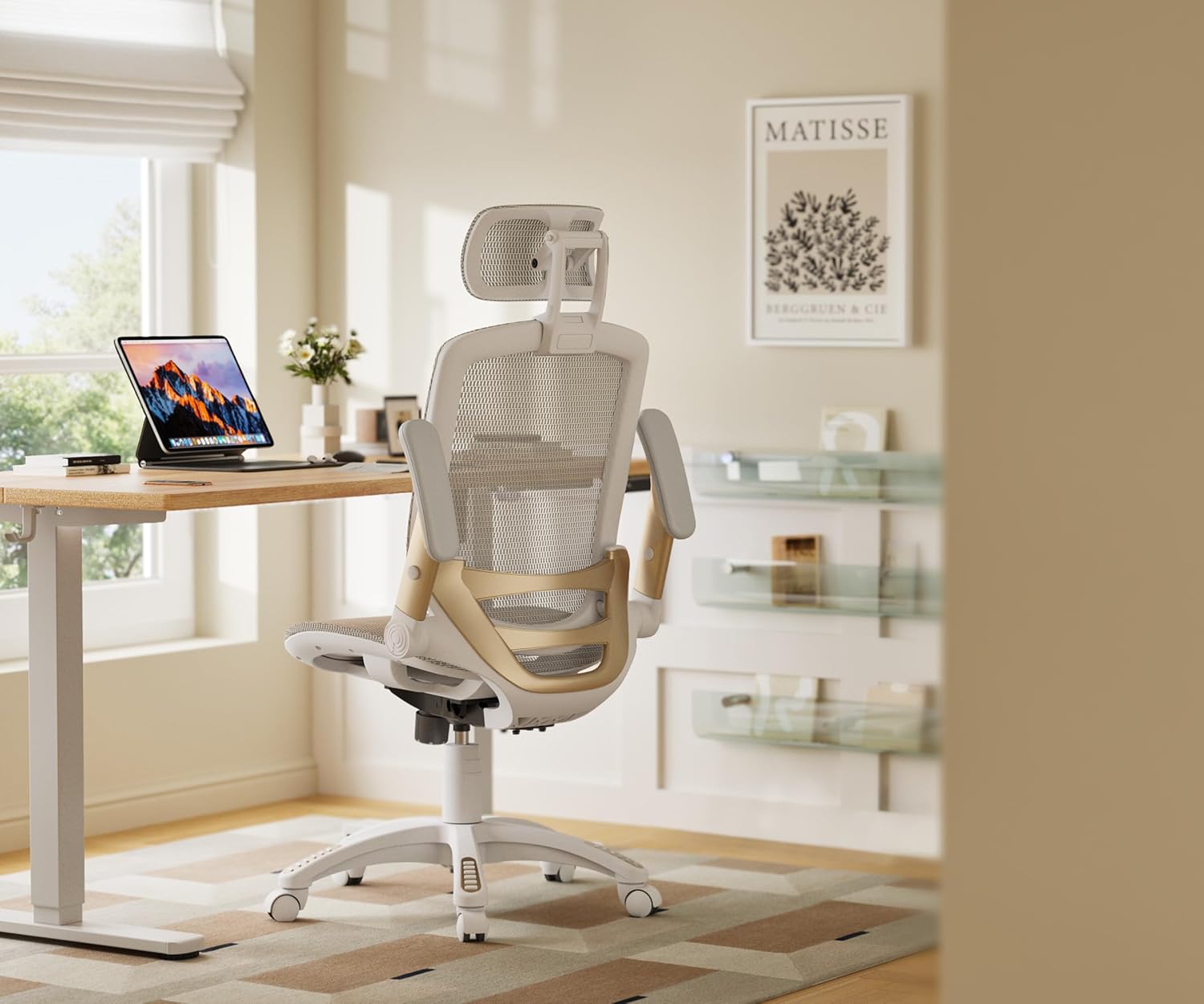 GABRYLLY Ergonomic Office Chair, High Back Home Desk Chair with Headrest, Flip-Up Arms, 90-120° Tilt Lock and Wide Cushion, Big and Tall Mesh Chairs for Man Woman, Grey Task Chair