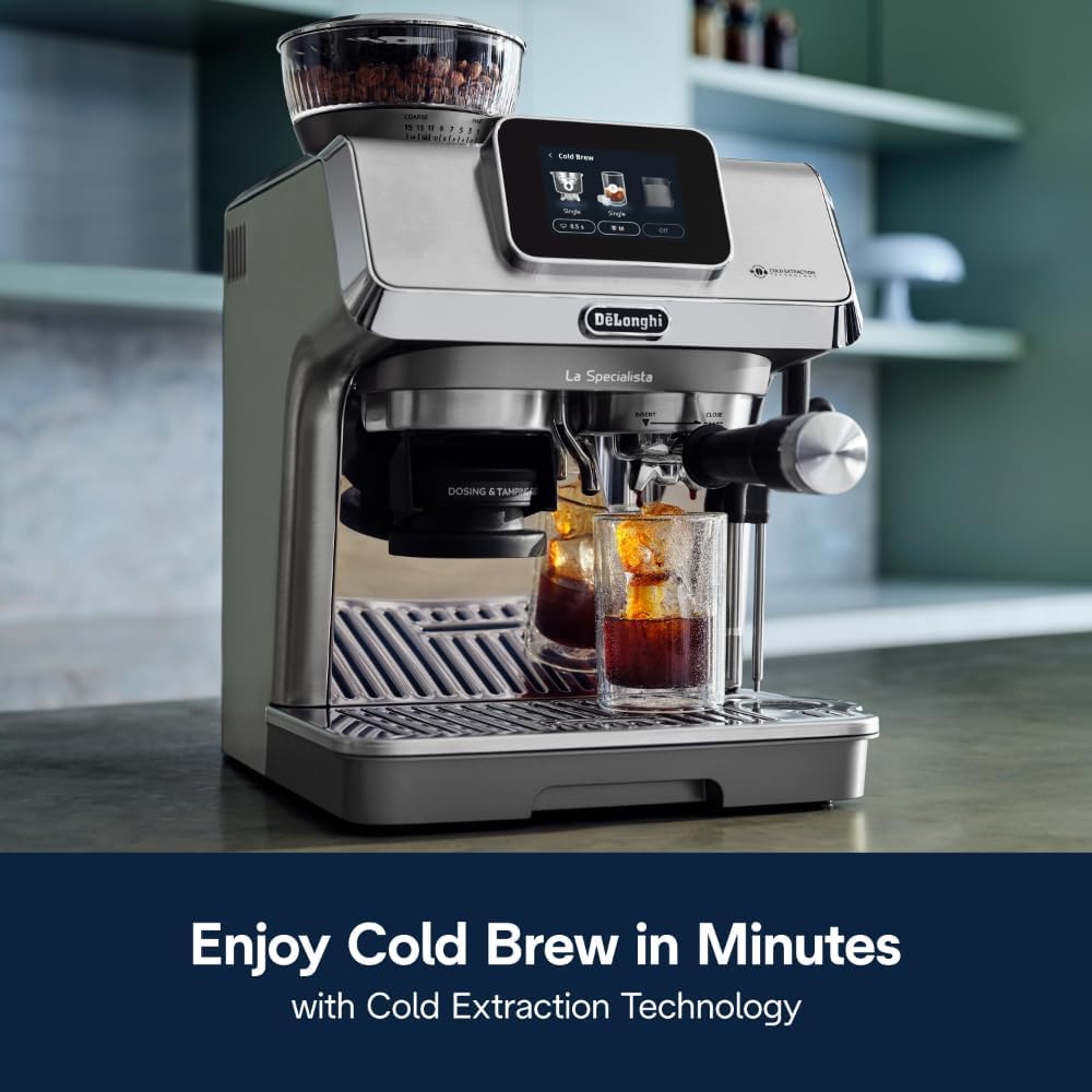 De'Longhi La Specialista Maestro Espresso Machine with Grinder, Auto & Manual Milk Frother – Bean-to-Cup Cold Brew Coffee with Cold Extraction Technology, Variable Temp & Tamping Tool, 8 Drink Presets