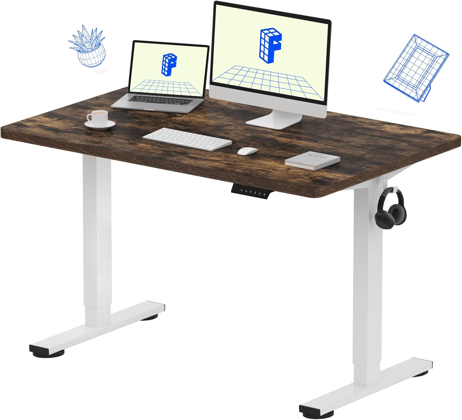 FLEXISPOT EN1 One-Piece Standing Desk 55 x 28 Inch Electric Adjustable Height Desk for Home Office and Computer Workstation (White Frame + 55" Maple Top, 2 Packages)