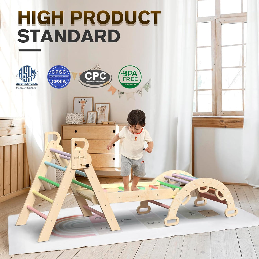 BlueWood Pikler Triangle Set 7in1 Foldable Baby Climbing Wooden Toys with Arch&Ramp&Ladder Climber Indoor Jungle Gyms for Toddlers - Natural Wood