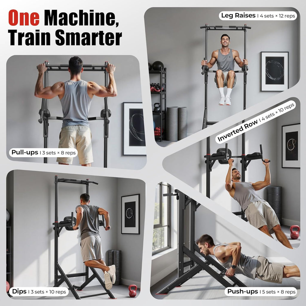 Sportsroyals Pull Up Bar Dip Station Power Tower Assistive Trainer Multi-Function Home Gym Strength Training Fitness Equipment 450LBS