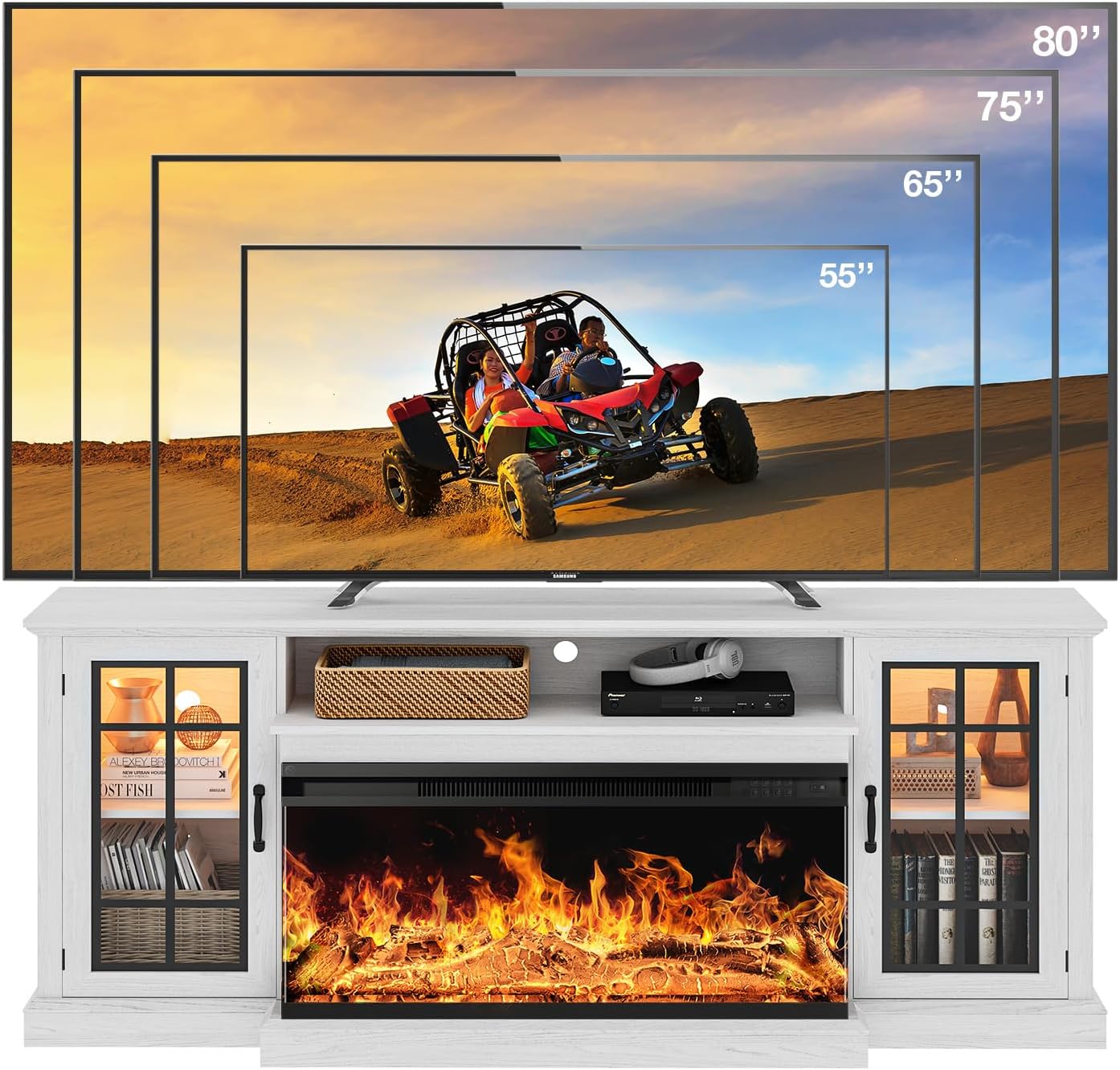 oneinmil 59'' Fireplace TV Stand, 3 Sided Glass Media Entertainment Center Console Table for TVs up to 65'' with Glass Door Adjustable Flame LED Color for Living Room, Set of TV Table, White