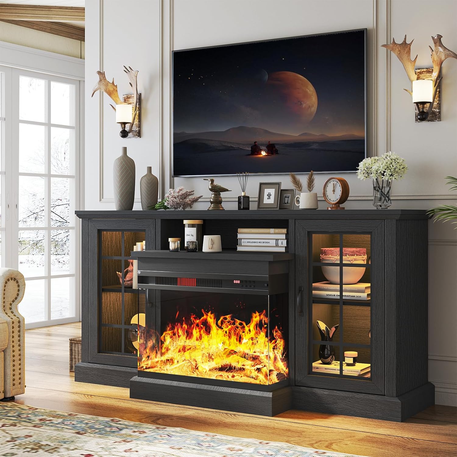 oneinmil 59'' Fireplace TV Stand, 3 Sided Glass Media Entertainment Center Console Table for TVs up to 65'' with Glass Door Adjustable Flame LED Color for Living Room, Set of TV Table, White