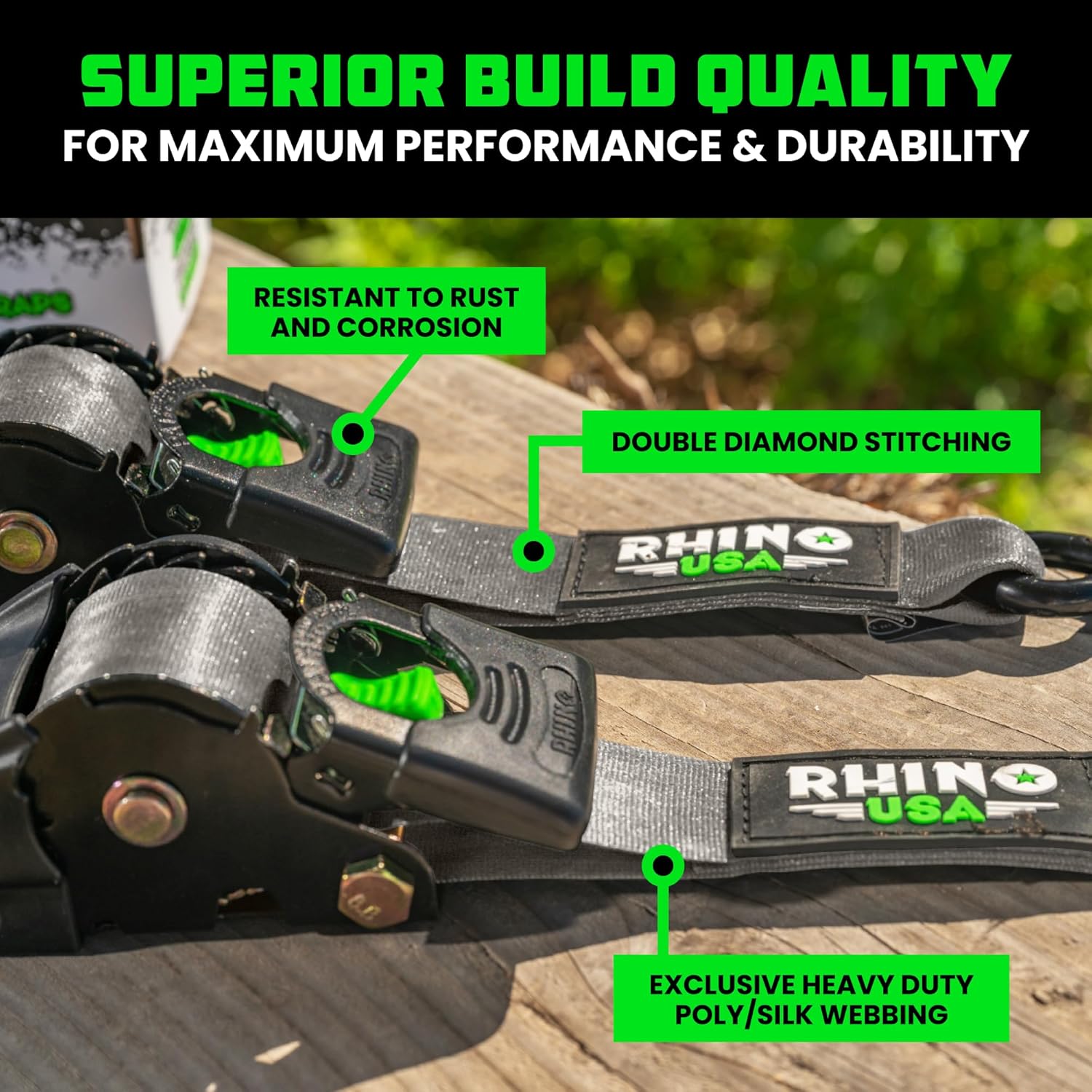 Rhino USA Retractable Ratchet Straps (2-Pack) - 2 Inch x 10 Feet (3,033lb Break Strength) - Heavy Duty Auto Self Retracting Tie Down Straps for Truck, Cargo Trailer, Motorcycle, Rad & More - Black