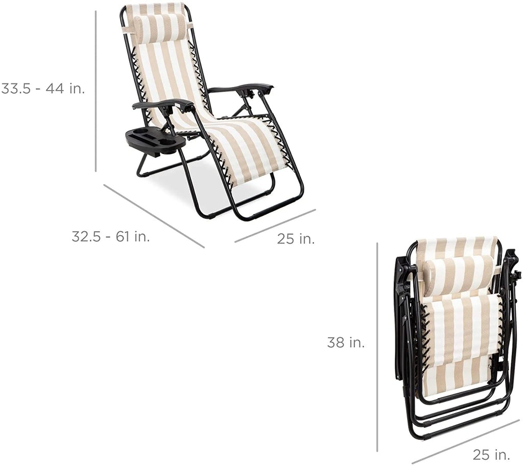 Set of 2 Adjustable Steel Mesh Zero Gravity Lounge Chair Recliners w/Pillows and Cup Holder Trays