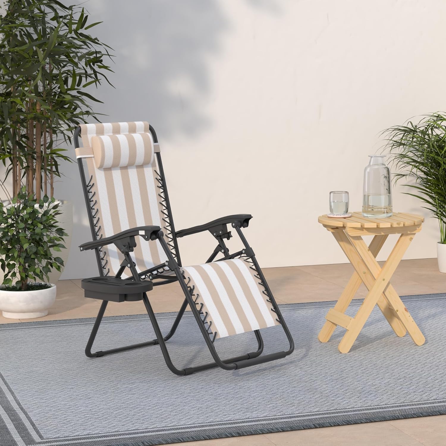 Best Choice Products Set of 2 Adjustable Steel Mesh Zero Gravity Lounge Chair Recliners w/Pillows and Cup Holder Trays - Beige