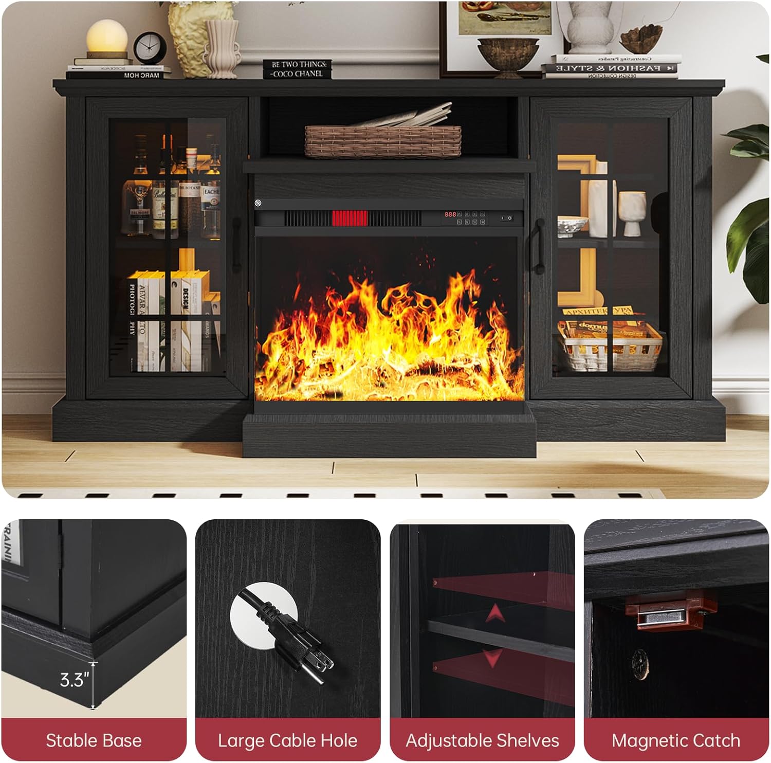 oneinmil 59'' Fireplace TV Stand, 3 Sided Glass Media Entertainment Center Console Table for TVs up to 65'' with Glass Door Adjustable Flame LED Color for Living Room, Set of TV Table, White