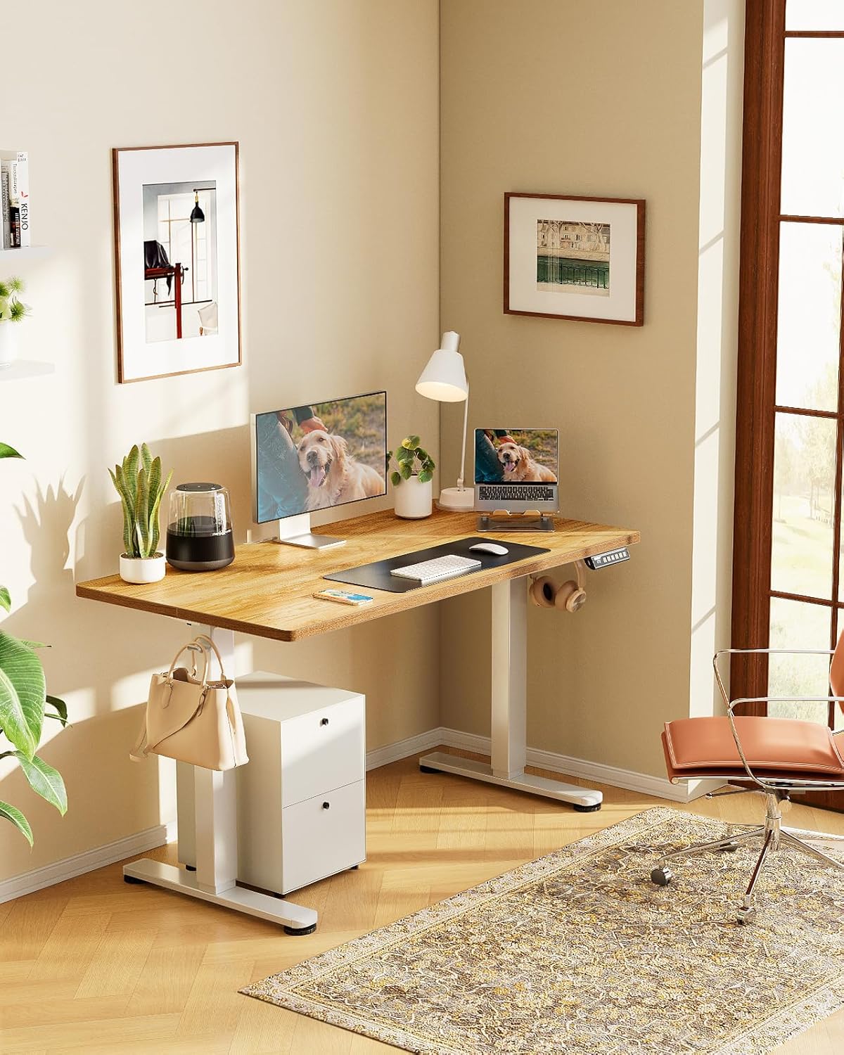 ErGear Height Adjustable Electric Standing Desk, 40 x 24 Inches Sit Stand up Desk, Memory Computer Home Office Desk (Light Vintage Brown)