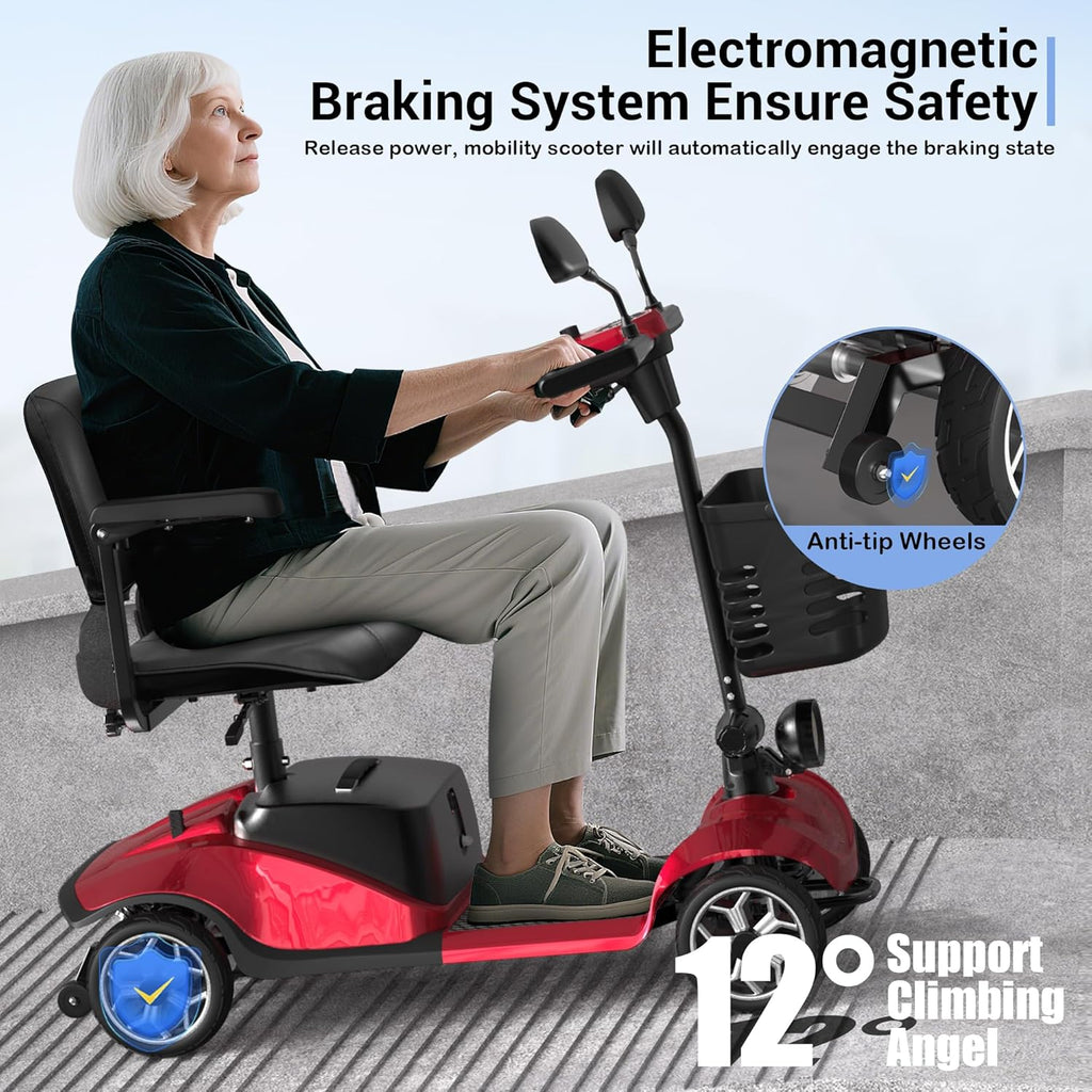 4-Wheel Mobility Scooter for Seniors, Foldable Electric Scooter, Lightweight Powered Electric Wheelchair, Compact Heavy Duty Scooter with Electromagnetic Brake, Rotating Seat, 350LBS Capacity-Red