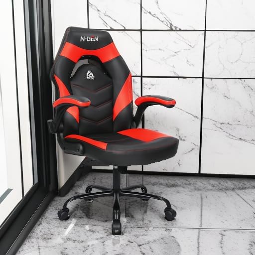 N-GEN Video Gaming Computer Chair Ergonomic Office Chair Desk Chair with Lumbar Support Flip Up Arms Adjustable Height Swivel PU Leather Executive with Wheels for Adults Women Men (Pink)