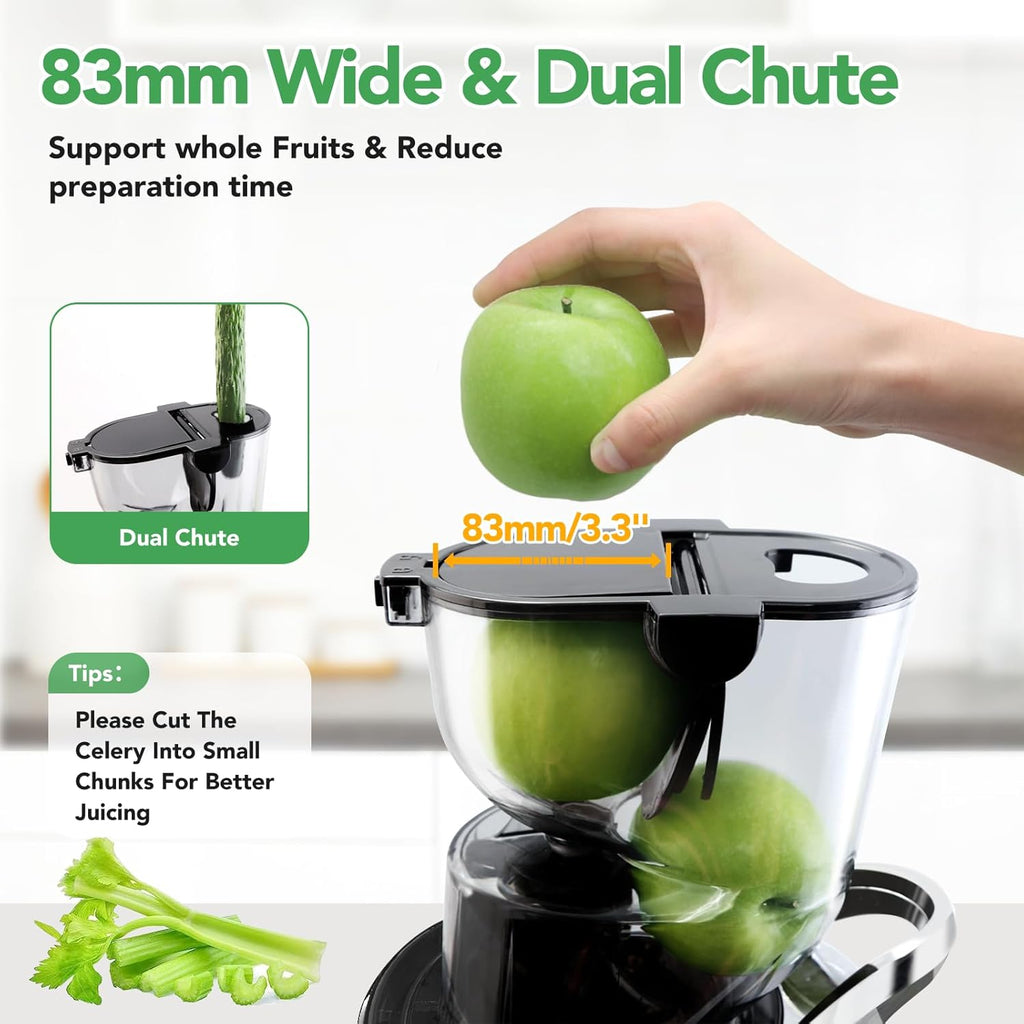 Cold Press Juicer, Juicer Machines with 3.3" Large Feed Chute,Large Capacity,High Juice Yield,Slow Masticating Juicer for Fruits and Vegetables, Self Feeding for Juice Extractor,BPA-Free,Black