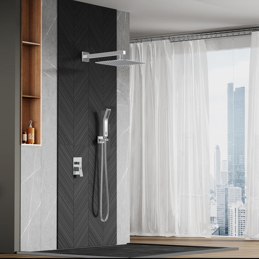 SR SUN RISE 12 Inches Matte Black Shower System 12 Inch Brass Bathroom Luxury Rain Mixer Shower Combo Set Wall Mounted Rainfall Shower Head System Shower Faucet Rough-in Valve Body and Trim Included