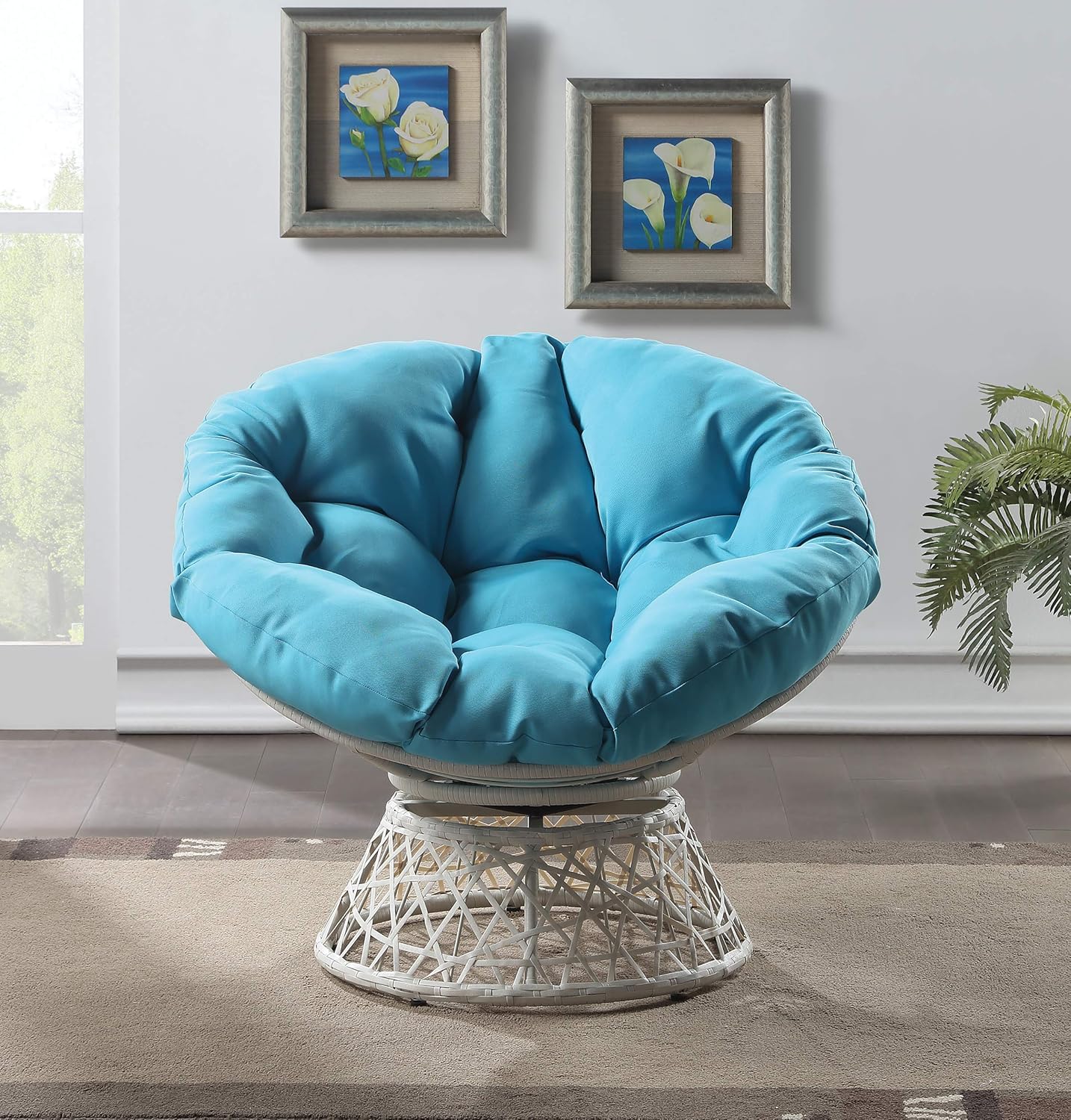 OSP Home Furnishings Wicker Papasan Chair with 360-Degree Swivel, Brown Frame with Brown Cushion