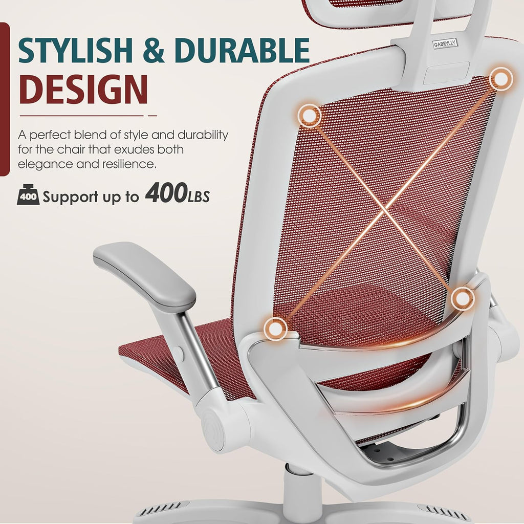 GABRYLLY Ergonomic Office Chair, High Back Home Desk Chair with Headrest, Flip-Up Arms, 90-120° Tilt Lock and Wide Cushion, Big and Tall Mesh Chairs for Man Woman, Grey Task Chair
