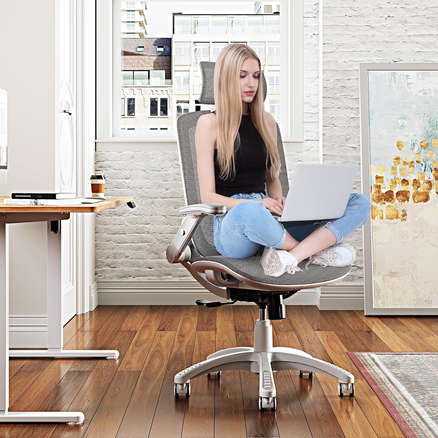 GABRYLLY Ergonomic Office Chair, High Back Home Desk Chair with Headrest, Flip-Up Arms, 90-120° Tilt Lock and Wide Cushion, Big and Tall Mesh Chairs for Man Woman, Grey Task Chair