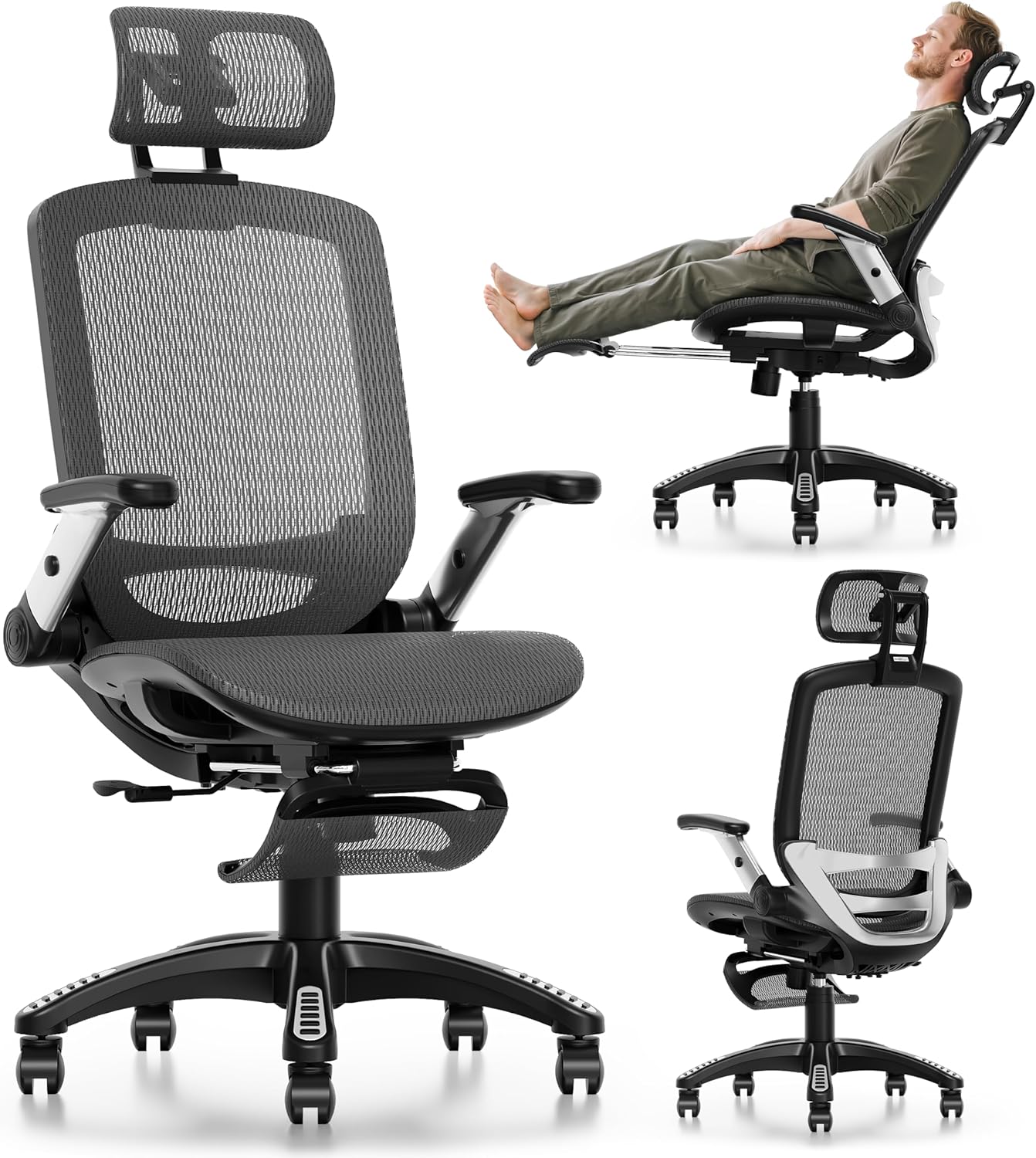 GABRYLLY Ergonomic Office Chair, High Back Home Desk Chair with Headrest, Flip-Up Arms, 90-120° Tilt Lock and Wide Cushion, Big and Tall Mesh Chairs for Man Woman, Grey Task Chair