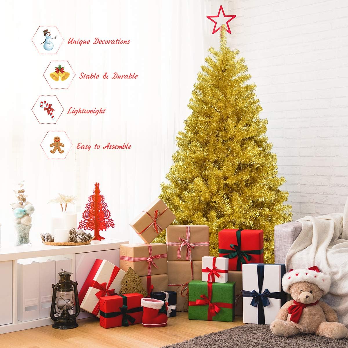 Goplus 7ft Artificial White Christmas Tree Xmas Pine Tree with Solid Metal Legs Perfect for Indoor and Outdoor Holiday Decoration