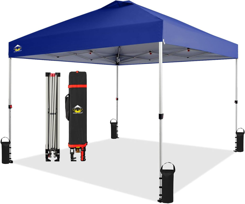 CROWN SHADES 10x10 Pop Up Canopy - Beach Tent with One Push Setup - Easy Outdoor Sun Shade for Events, Parties, Camping - Gazebo with STO-N-Go Cover Bag, Silver Coated Top, Grid White