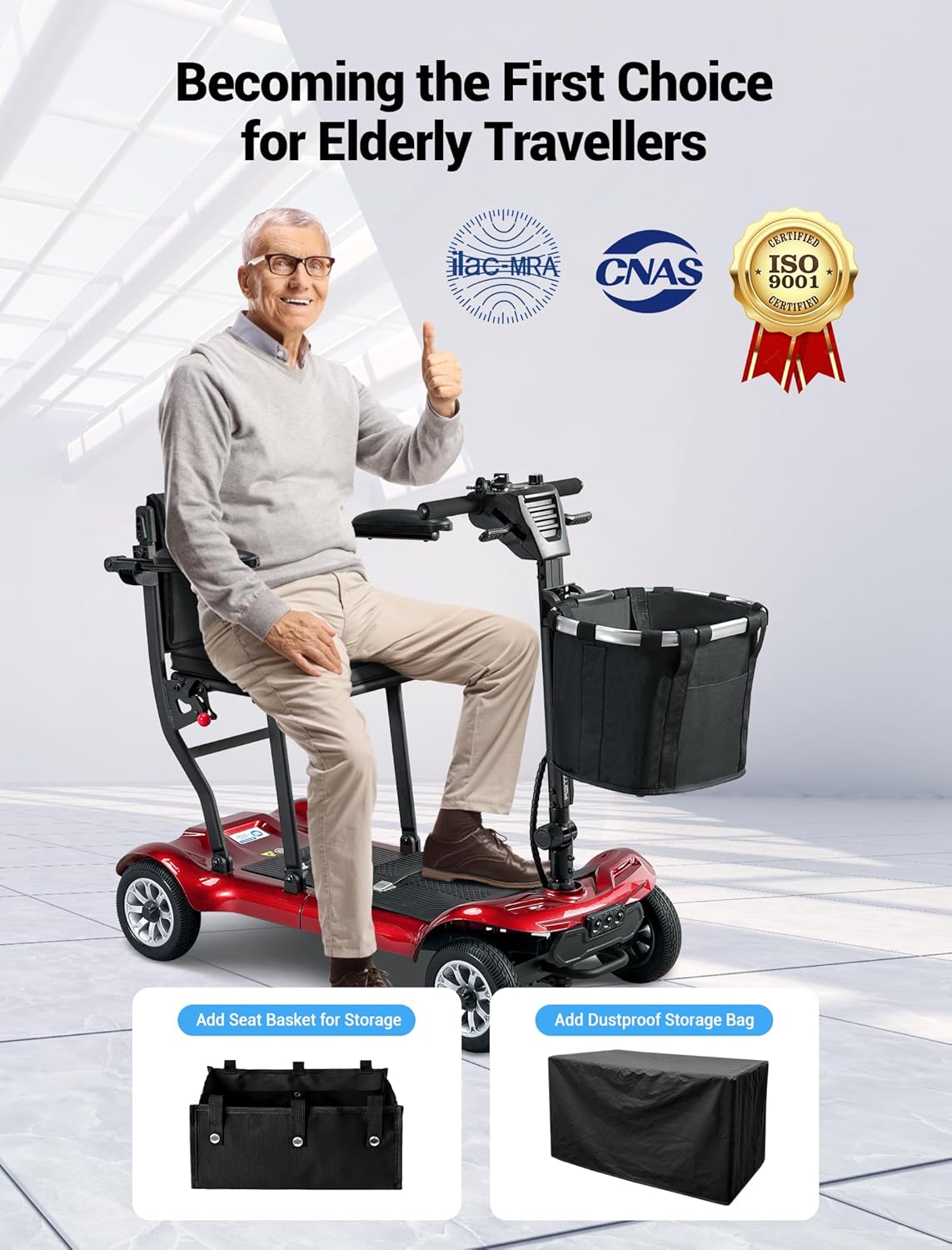 4 Wheel Mobility Scooter, Electric Mobility Scooter for Adults, Driving 22 Miles, Airlines Approved, Foldable Scooter w/249WH*2 Batteries Charger Under Seat Storage Dustproof Cover (Blue)