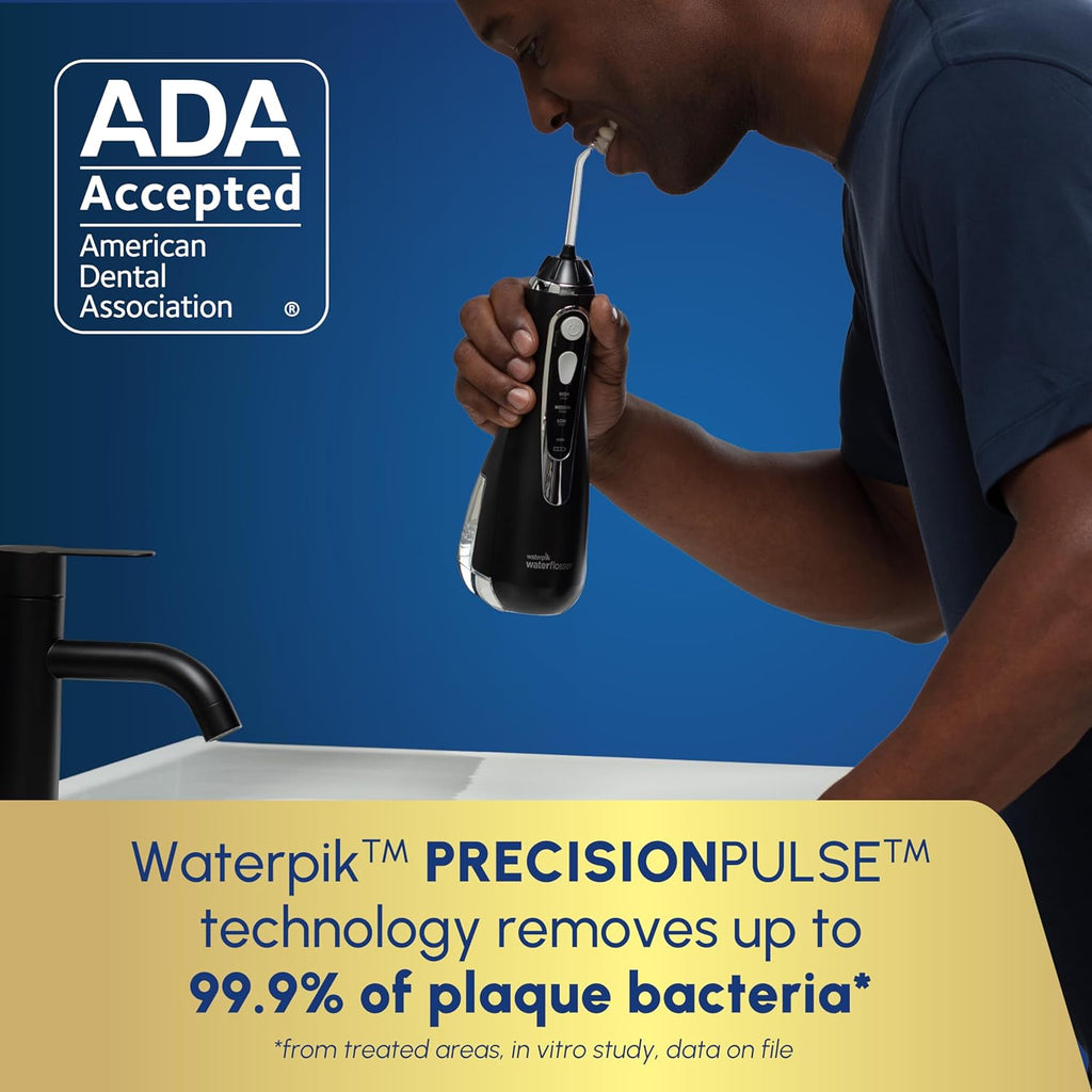 Waterpik Cordless Advanced 2.0 Water Flosser For Teeth, Gums, Braces, Dental Care With Travel Bag and 4 Tips, ADA Accepted, Rechargeable, Portable, and Waterproof, Black WP-582, Packaging May Vary