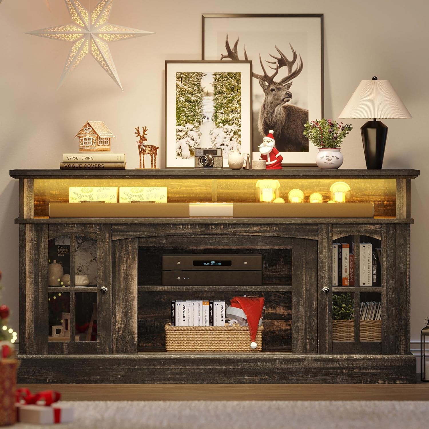 LED Farmhouse TV Stand for TV up to 75" w/Outlets, Highboy Media Entertainment Center Console Table Adjustable Storage Shelves &Cabinet Glass Door for 400lbs for Living Room