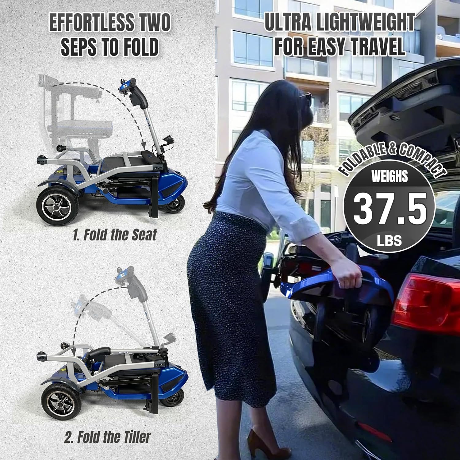 R3b-Mobility Scooters for Seniors Adults Ultra Lightweight Electric Powered Folding 4 Wheel Mobility Scooter with Headlight Cup Holder, Compact & Convenient for Travel Airline Approved, Blue