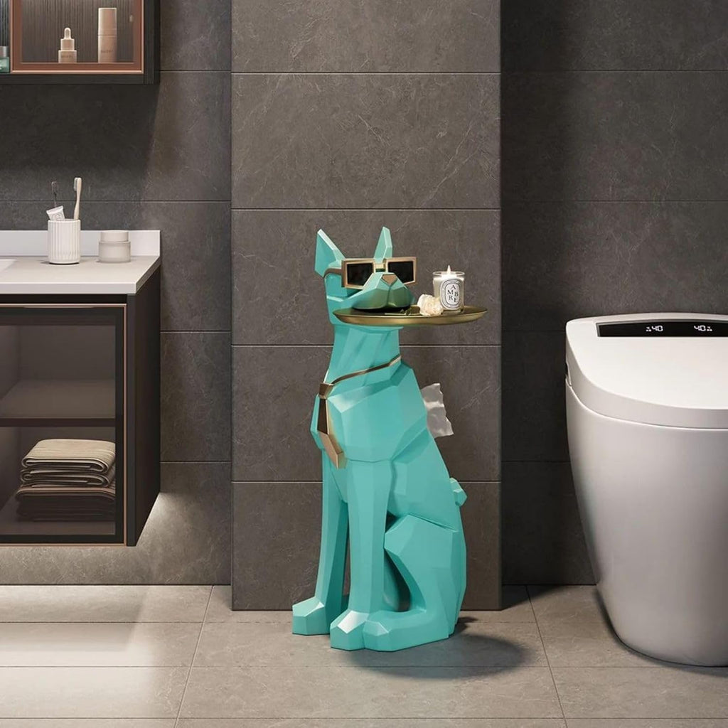homary Modern Resin Dog Sculpture Geometric Standing Statue Cute End Side Table with Metal Storage Tray Tissue Box (White)