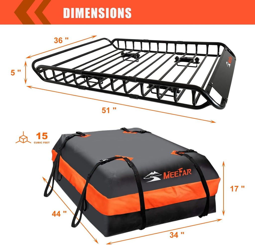 MeeFar High Rail Trailer Folding Hitch Mount Cargo Carrier Basket 60" X 24" X 14"+Waterproof Cargo Bag 20 cu ft(59" 24" 24"), Capacity of 500 Lbs with Hitch Stabilizer, Net, Lock and Straps